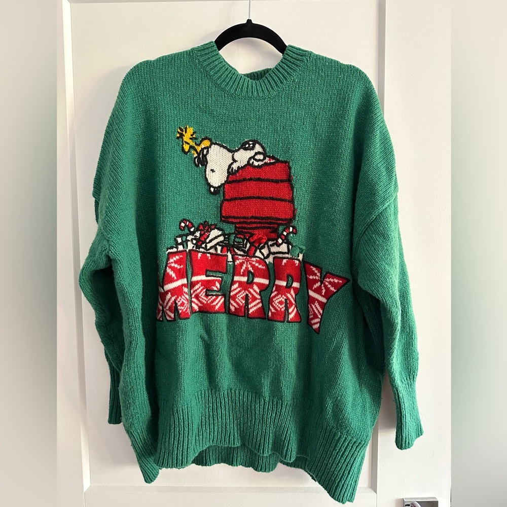 Zara Knit Snoopy Peanuts Merry Sweater Green Medium - Picture 6 of 10